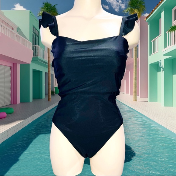 Summersalt The Oasis Ruffle One Piece Swimsuit Black Square Neck Size 8 NWOT - Picture 6 of 12